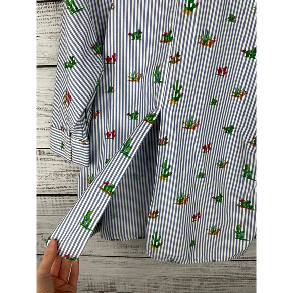 Zara White Blue Stripe Button Down Novelty Cactus Print Top XS Oversized Coastal - Picture 9 of 9